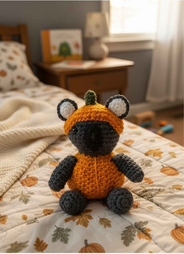 Crocheted plush toy on a bed with autumn-themed bedding
